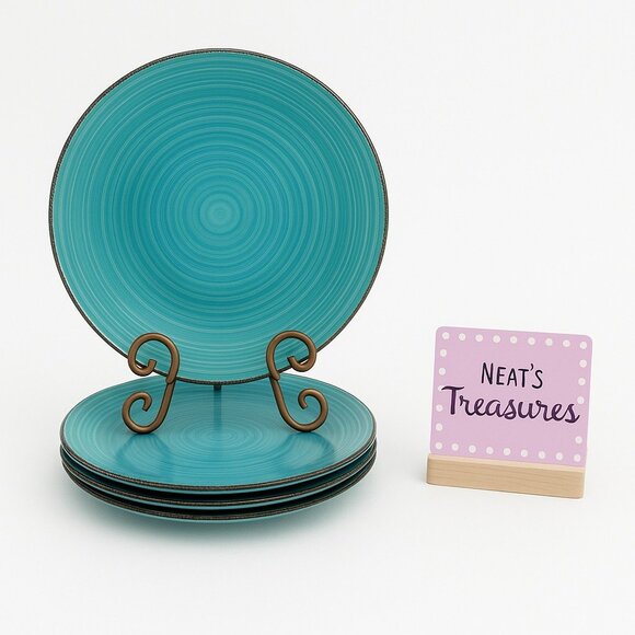 Royal Norfolk RN118 Turquoise Swirl Brown TrimStoneware Dinner Plates Set 4